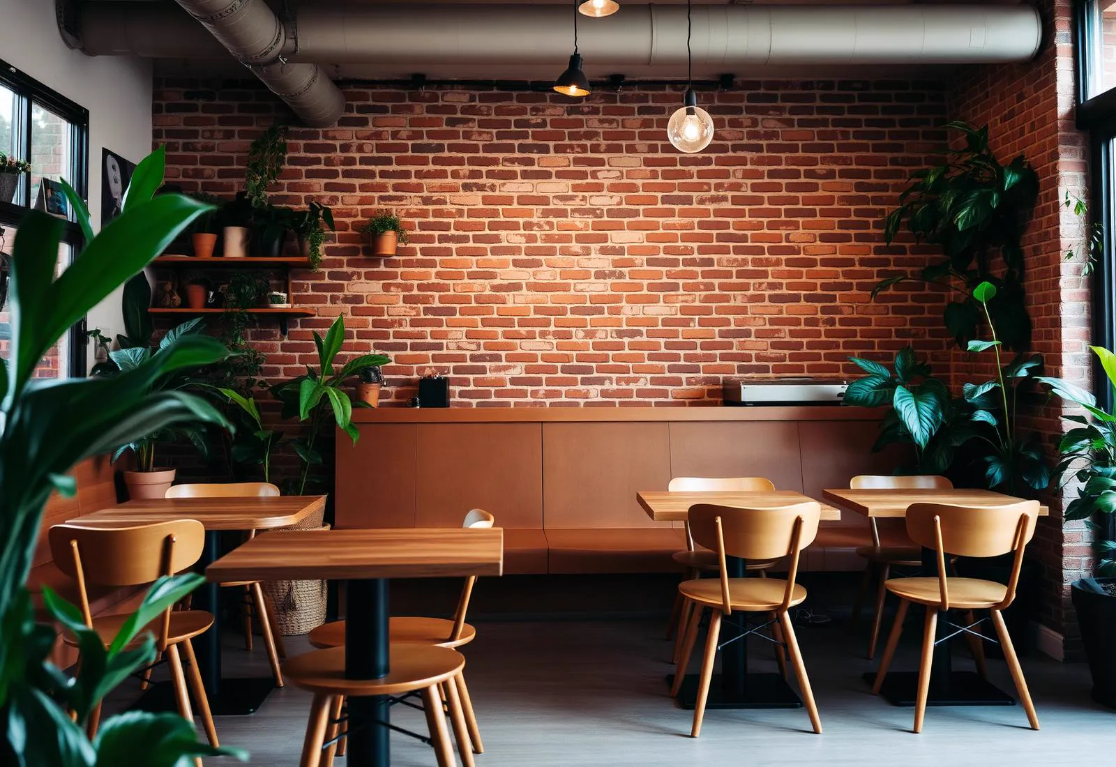 Cozy interior with brick wall and warm wood seating
